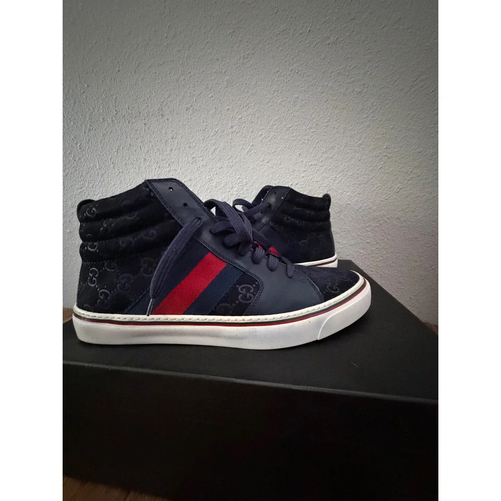 Gucci High Top Sneakers Size 8 Navy Blue GG Monogram Web Stripe 221825